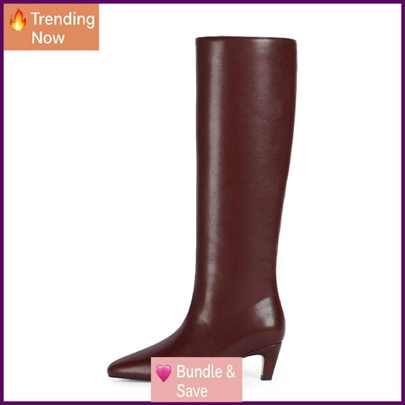 Kitten Heel Knee High Boots Square Toe PU Leather Women's Size